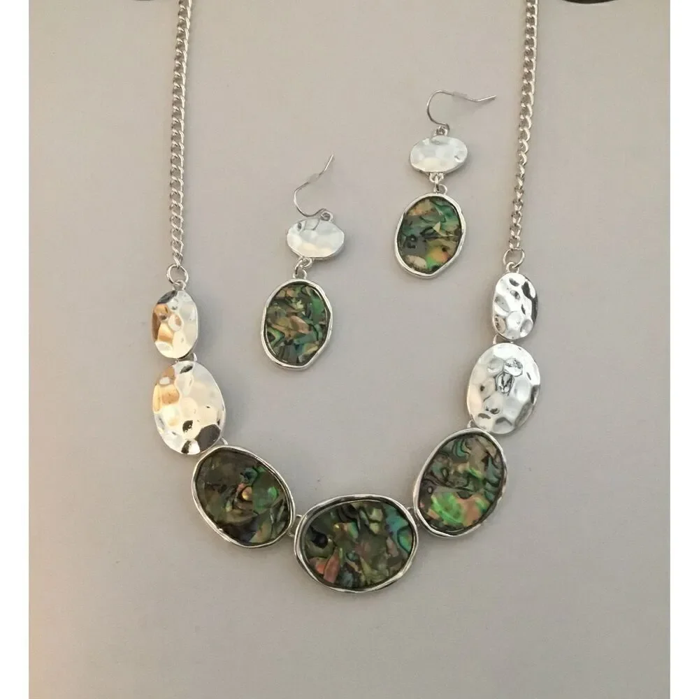 Silver Oval Abalone Gemstone Necklace & Earring Set